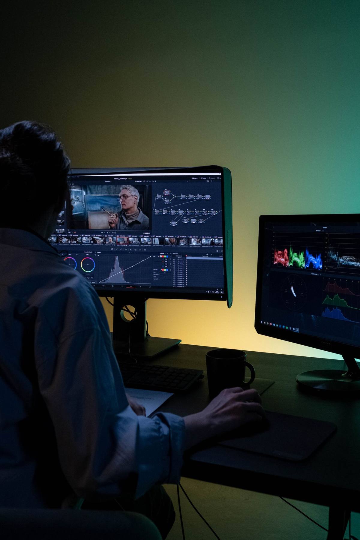 Postproducción: estación de edición con línea de tiempo y monitores